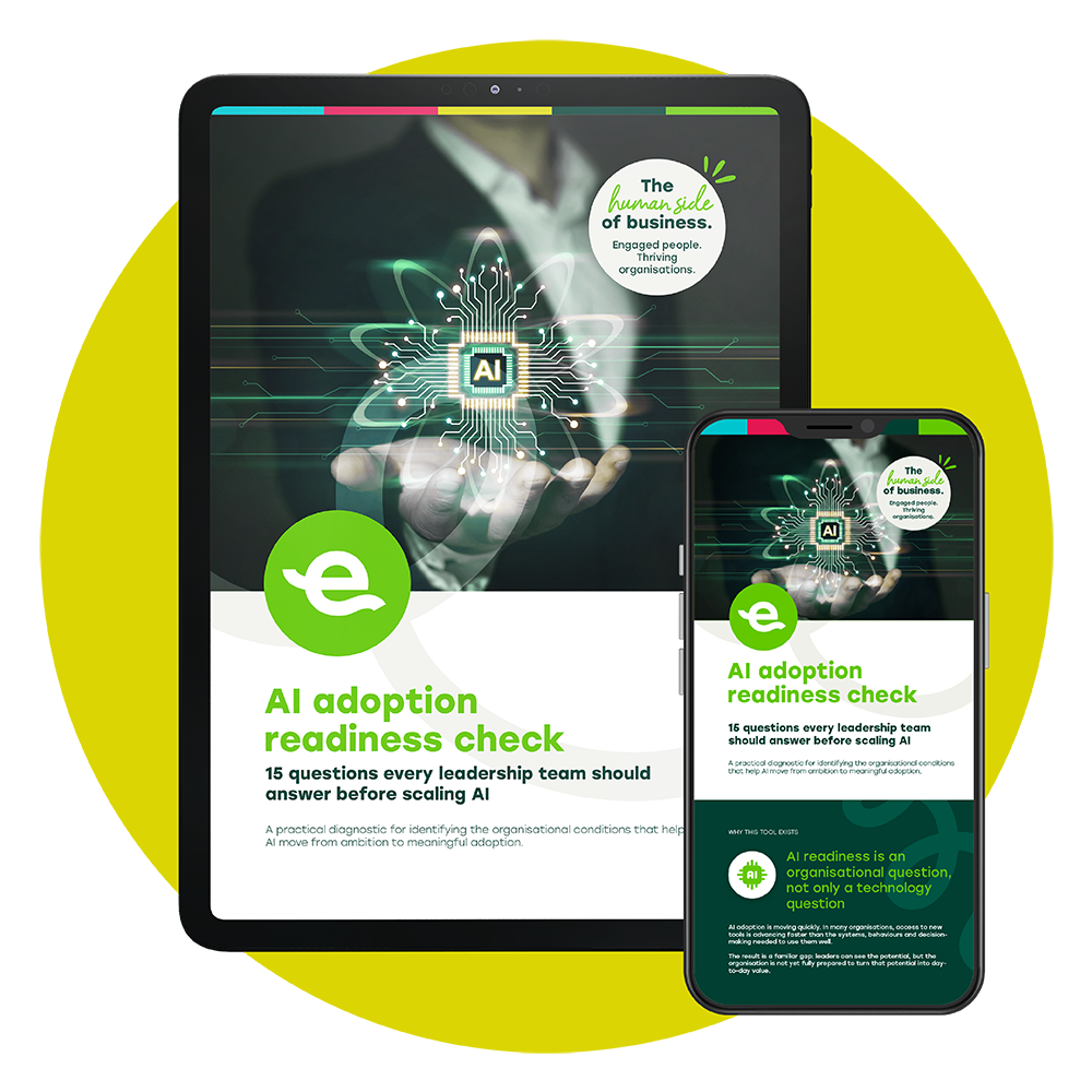 Engage Group AI Adoption Readiness Check toolkit displayed on a tablet and smartphone, featuring 15 questions for leadership teams before scaling AI.