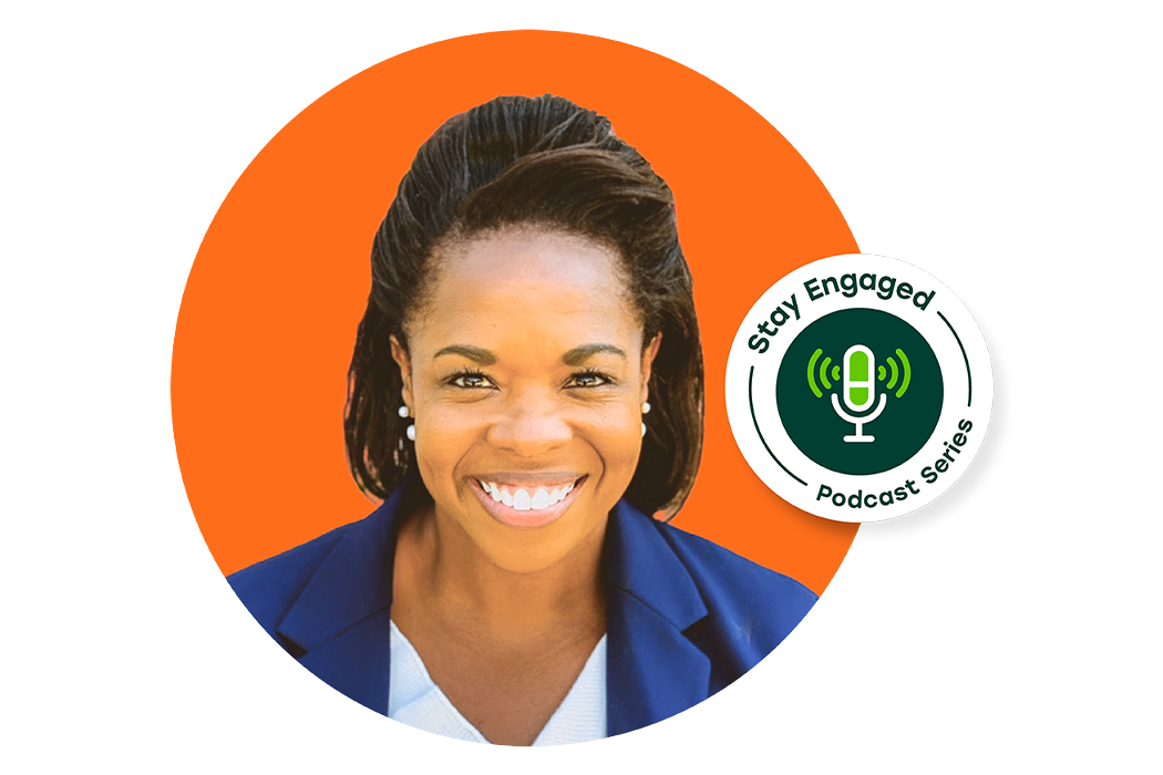 Smiling woman in a blue blazer against an orange background, alongside the Engage Group Stay Engaged podcast logo.
